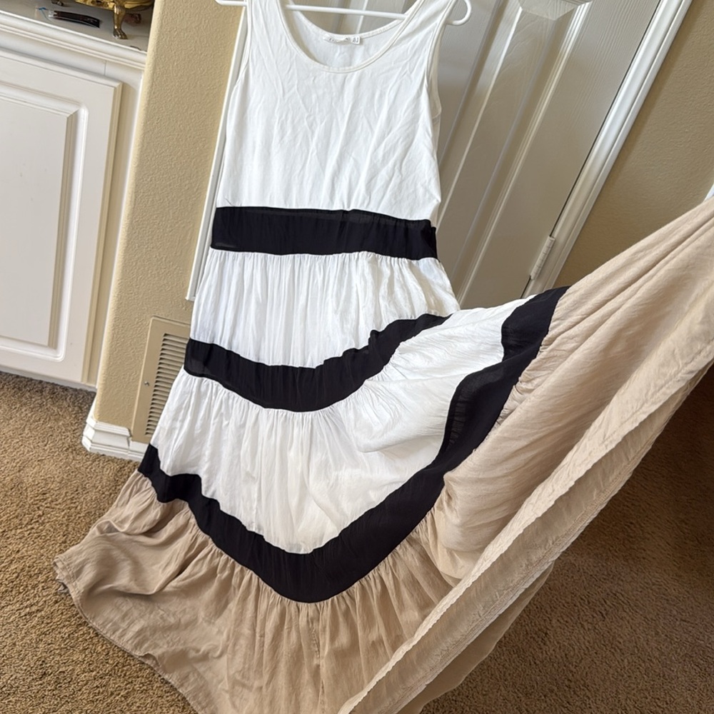White and Black and beige Striped Maxi Dress color block tiered cotton and rayon - Picture 3 of 5